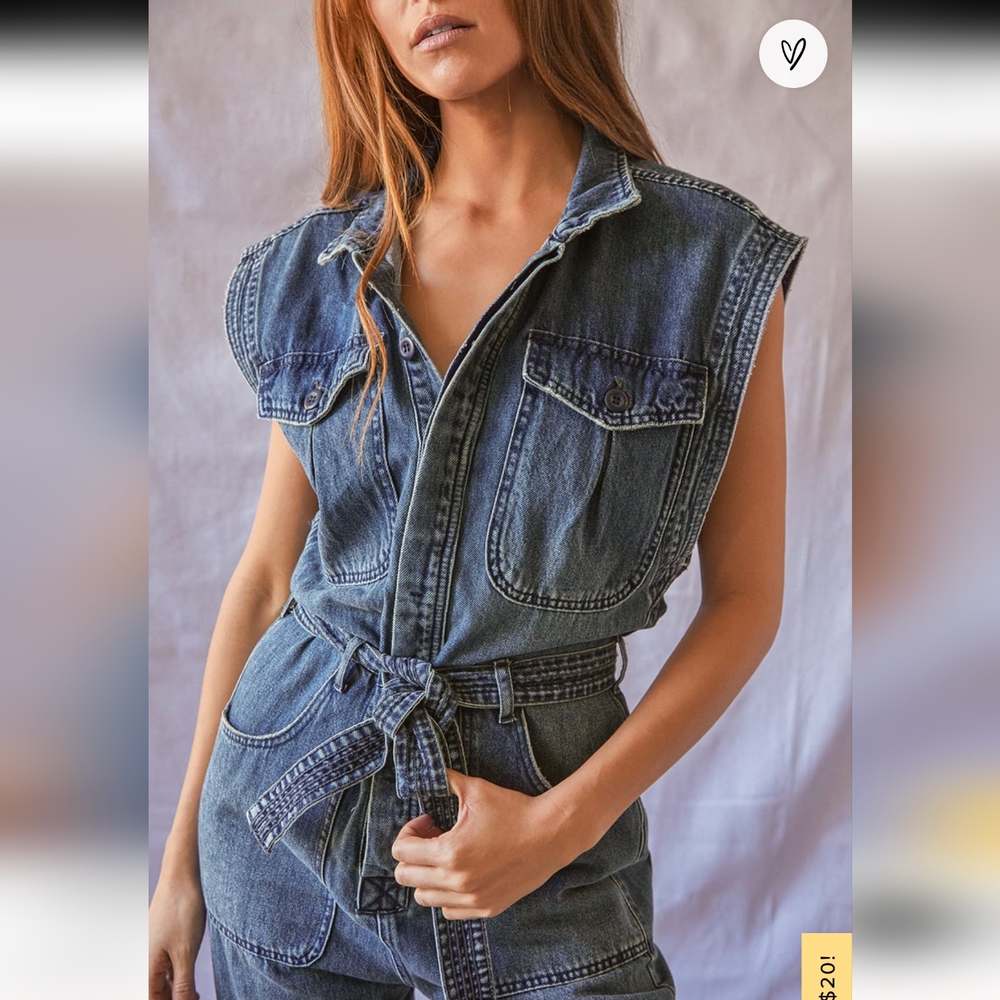 Free People Sydney Medium Wash Denim Sleeveless Jumpsuit